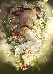 Rule 34 | 1boy, belial (granblue fantasy), belt, blood, blood from mouth, blood on face, brown hair, cape, closed eyes, flower, full body, granblue fantasy, highres, male focus, natsuko (summer 525528), pants, petals, plant, shiny skin, shoes, single shoe, sleeping, solo, torn clothes, torn legwear