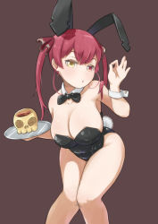 Rule 34 | alternate costume, animal ears, bent over, berotore, black bow, black bowtie, bow, bowtie, breasts, brown background, cleavage, detached collar, heterochromia, highres, holding, holding tray, hololive, houshou marine, large breasts, leotard, looking at viewer, playboy bunny, rabbit ears, red eyes, red hair, skull, solo, tray, twintails, virtual youtuber, yellow eyes