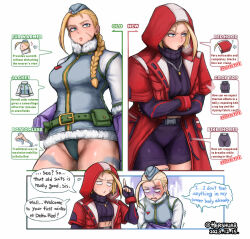 Rule 34 | 2girls, antenna hair, bike shorts, blonde hair, braid, cammy white, cammy white (cosplay), cold, cosplay, crop top, decapre, english text, facial scar, fur trim, garrison cap, hair over shoulder, hat, hershuar, highleg, highleg leotard, hood, hooded coat, jacket, jewelry, leotard, leotard under clothes, multiple girls, necklace, official alternate costume, runny nose, scar, scar on cheek, scar on face, short hair, short shorts, shorts, single braid, snot, speech bubble, street fighter, street fighter 6, street fighter iv (series), sweat, thighs, trembling