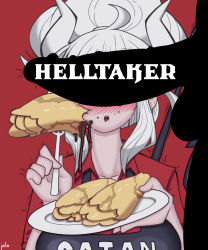 Rule 34 | 1boy, 1girl, apron, bob cut, breasts, censored, collar bone, copyright name, demon, demon girl, food, food on face, fork, helltaker, highres, horn, jolo, large breasts, lucifer (helltaker), mole, mole under eye, open mouth, pancake, penis, penis on face, penis over eyes, plate, red eyes, tail, title, white hair