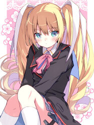 1girl akayama_yukihe black_jacket blonde_hair blue_eyes blush collared_shirt highres holster jacket little_busters! long_hair long_sleeves looking_at_viewer plaid_clothes plaid_skirt pleated_skirt school_uniform serafuku shirt sitting skirt socks solo thigh_holster tokido_saya twintails very_long_hair white_socks