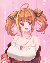 Rule 34 | 1girl, ahoge, artist name, asacoco, bare shoulders, blonde hair, blunt bangs, bow, breasts, bright pupils, camisole, can, cleavage, cleavage cutout, clothing cutout, collarbone, commentary request, diagonal-striped bow, dragon girl, dragon horns, fangs, frilled camisole, frills, hair intakes, holding, holding can, hololive, horn bow, horn ornament, horns, jacket, jewelry, kiryu coco, kiryu coco (loungewear), kyou fumei, large breasts, light blush, looking to the side, medium hair, multicolored eyes, multicolored hair, off shoulder, official alternate costume, open clothes, open jacket, open mouth, orange hair, partially unzipped, pendant, pink background, pointy ears, purple eyes, red eyes, red jacket, sidelocks, slit pupils, solo, spaghetti strap, streaked hair, striped, striped bow, track jacket, twintails, upper body, virtual youtuber, white camisole, white pupils, zipper pull tab
