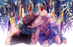 Rule 34 | 2boys, bamboo, bare shoulders, battle tendency, blonde hair, blue gloves, blue jacket, brown hair, caesar anthonio zeppeli, cigarette, closed eyes, closed mouth, commentary, couple, crossed arms, facial mark, facing another, feather hair ornament, feathers, fingerless gloves, gloves, hair ornament, hand up, headband, holding, holding cigarette, jacket, jojo no kimyou na bouken, joseph joestar, joseph joestar (young), kiss, male focus, multiple boys, pink scarf, scarf, short hair, sky kiki, spiked hair, striped clothes, striped scarf, symbol-only commentary, tanabata, yaoi