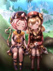 Rule 34 | 2girls, :3, absurdres, ahoge, animal ears, animal print, backpack, bag, bangs pinned back, belt, black footwear, black shorts, blurry, boots, brown footwear, brown gloves, brown scarf, cabbie hat, cat ears, cat girl, cat print, cat tail, clover print, coat, commentary request, depth of field, detached sleeves, diona (genshin impact), flower, genshin impact, gloves, grass, hair between eyes, hair ribbon, hat, hat feather, hat flower, hat ornament, highres, holding hands, klee (genshin impact), knee boots, kneehighs, kuma piv, light brown hair, long hair, long sleeves, low twintails, midriff, multiple girls, navel, parted lips, paw print, pink hair, pointy ears, puffy detached sleeves, puffy shorts, puffy sleeves, randoseru, red coat, red headwear, revision, ribbon, scarf, short hair, shorts, sidelocks, sitting, skyline, sleeping, sleeping on person, socks, tail, thick eyebrows, tree, twintails, unworn bag, vision (genshin impact), white gloves, windmill