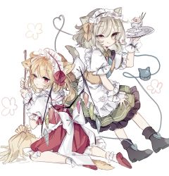 Rule 34 | 2girls, :q, ;), alternate costume, animal ears, apron, back bow, black footwear, blonde hair, blush, boots, bow, broom, cat ears, cat girl, cat tail, collared shirt, crystal, eyeball, flandre scarlet, frilled shirt collar, frilled skirt, frilled sleeves, frills, green eyes, green hair, green skirt, hair between eyes, hair ribbon, heart, heart of string, holding, holding broom, holding plate, kneeling, komeiji koishi, looking at viewer, looking back, maid headdress, medium hair, multiple girls, one eye closed, one side up, paw print, plate, puffy short sleeves, puffy sleeves, red eyes, red legwear, red ribbon, red skirt, red vest, ribbon, shirt, shoes, short sleeves, simple background, skirt, smile, sorani (kaeru0768), tail, third eye, tongue, tongue out, touhou, vest, waist apron, wavy hair, white background, white shirt, wings, wrist cuffs, yellow ribbon, yellow shirt