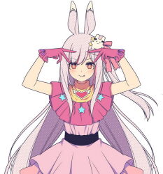 Rule 34 | 1girl, :p, animal ears, arms up, commentary request, cosplay, dress, gloves, grey hair, heart, hitsuki rei, hoshino ai (oshi no ko), hoshino ai (oshi no ko) (cosplay), indie virtual youtuber, long hair, nica wolper, one side up, oshi no ko, pink dress, pink gloves, rabbit ears, red eyes, simple background, solo, star (symbol), symbol-shaped pupils, tongue, tongue out, very long hair, virtual youtuber, white background