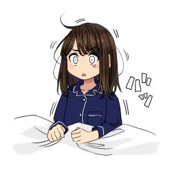 Rule 34 | 1girl, absurdres, blanket, brown hair, douki-chan (douki-chan), ganbare douki-chan, highres, medium hair, open mouth, pajamas, solo, tears, translated, white background, white eyes, yomu (sgt epper)