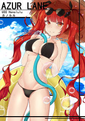 Rule 34 | 1girl, absurdres, azur lane, bare shoulders, bikini, black bikini, blunt bangs, breasts, character name, cleavage, collared shirt, commentary request, copyright name, eyewear on head, hair ribbon, hat, highres, honolulu (azur lane), honolulu (summer accident?!) (azur lane), hose, hose between breasts, innertube, jie xian (tsuki), large pectorals, long hair, looking at viewer, midriff, navel, official alternate costume, pectorals, red eyes, red hair, ribbon, shirt, sidelocks, smile, solo, spaghetti strap, stomach, straw hat, sunglasses, swim ring, swimsuit, twintails, water, wet, wet clothes, wet swimsuit