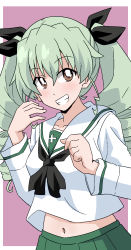 Rule 34 | 1girl, anchovy (girls und panzer), blush, breasts, brown eyes, girls und panzer, green hair, grin, highres, looking at viewer, midriff, navel, ooarai school uniform, ponzu rui, school uniform, small breasts, smile, solo, twintails, upper body