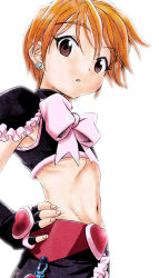Rule 34 | 1girl, armpit crease, black shirt, black skirt, bow, brown eyes, brown hair, commentary request, cowboy shot, crop top, cure black, earrings, fingerless gloves, flat chest, frilled skirt, frills, futari wa precure, gloves, groin, hair between eyes, hand on own hip, heart, heart earrings, jewelry, looking at viewer, magical girl, midriff, misumi nagisa, navel, nib pen (medium), parted lips, precure, shirt, short hair, sidelocks, simple background, skirt, sleeveless, sleeveless shirt, solo, standing, traditional media, unno hotaru, white background