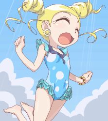 Rule 34 | 00s, 1girl, barefoot, blonde hair, bracelet, bubble, casual one-piece swimsuit, drill hair, earrings, closed eyes, feet, frilled swimsuit, frills, goutokuji miyako, happy, jewelry, jumping, light rays, lowres, oekaki, one-piece swimsuit, open mouth, powerpuff girls, powerpuff girls z, rolling bubbles, solo, sunbeam, sunlight, swimsuit, twintails