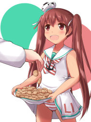Rule 34 | 10s, 1boy, 1girl, :d, admiral (kancolle), anchor, bare arms, bare shoulders, blush, carrying, clothes lift, collarbone, cookie, dark skin, dress, dress lift, eyebrows, fang, food, hair ribbon, hat, holding, holding food, kantai collection, libeccio (kancolle), lifted by self, long hair, long sleeves, looking up, mini hat, neckerchief, open mouth, panties, pantyshot, red eyes, ribbon, sailor collar, sailor dress, simple background, skirt basket, skirt hold, sleeveless, sleeveless dress, smile, solo focus, standing, striped clothes, striped neckerchief, striped panties, striped ribbon, tareme, teeth, twintails, underwear, very long hair, white background, white dress, white hat, white ribbon, yukimi unagi