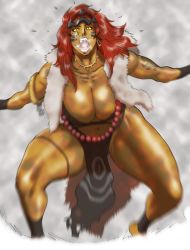 Rule 34 | amazon warrior, barefoot, beads, bikini, bikini top only, bracelet, bracer, breasts, colored sclera, dark skin, earrings, facial mark, fangs, fur, highres, huge breasts, jewelry, loincloth, muscular, muscular female, nappii (nappy happy), necklace, pelt, red eyes, red hair, screaming, simple background, swimsuit, tattoo, thick thighs, thighs, tiara, yellow sclera