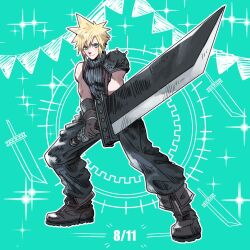 Rule 34 | 1boy, armor, baggy pants, black footwear, black gloves, blonde hair, blue eyes, boots, buster sword, closed mouth, cloud strife, commentary request, dated, fighting stance, final fantasy, final fantasy vii, final fantasy vii remake, full body, gloves, highres, holding, holding sword, holding weapon, huge weapon, looking at viewer, male focus, nnnmmg0725, pants, ribbed sweater, short hair, shoulder armor, single bare shoulder, sleeveless, sleeveless turtleneck, smile, solo, sparkle, spiked hair, standing, sunrise stance, suspenders, sweater, sword, toned, toned male, turtleneck, turtleneck sweater, weapon