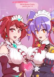Rule 34 | 2girls, absurdres, aikuxa, alternate costume, breasts, glowing, heart, highres, maid, maid headdress, multiple girls, nintendo, poppi (xenoblade), poppi qt (xenoblade), purple hair, pyra (xenoblade), red eyes, red hair, short hair, smile, source request, xenoblade chronicles (series), xenoblade chronicles 2