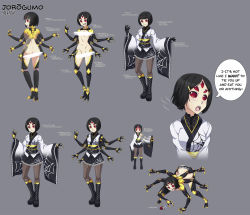 Rule 34 | 1girl, absurdres, arachne, arthropod girl, arthropod limbs, bar censor, black hair, black panties, blunt bangs, bob cut, boots, breasts, brown pantyhose, carapace, censored, censored nipples, character sheet, chuunioniika, collage, commentary, cross-laced footwear, english text, extra arms, extra eyes, fang, highres, insect girl, japanese clothes, jorougumo, knee boots, lace, lace-trimmed panties, lace-up boots, lace trim, miniskirt, monster girl, multiple views, nude, obi, original, panties, pantyhose, parted bangs, print legwear, red eyes, sash, short hair, skirt, small breasts, spider girl, spider web print, taur, text focus, tsundere, underwear, wide sleeves
