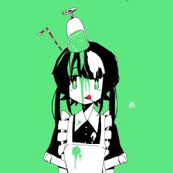 Rule 34 | 1girl, :q, apron, black hair, collared dress, commentary request, cup, dress, drinking straw, frilled apron, frills, green background, green eyes, greyscale, licking lips, long hair, maid, monochrome, original, outo eguchi, short sleeves, solo, spot color, tongue, tongue out, waist apron