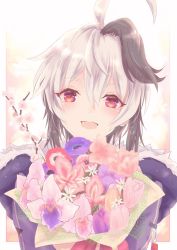 Rule 34 | 1girl, ahoge, artist name, blush, bouquet, branch, cherry blossoms, commentary, congratulations, dated, flower, flower (vocaloid), fur-trimmed jacket, fur trim, gynoid talk, highres, holding, holding bouquet, jacket, kisalaundry, light blush, looking at viewer, morning glory, multicolored hair, open mouth, pink flower, purple flower, purple hair, purple jacket, red eyes, red flower, short hair, smile, solo, streaked hair, upper body, flower (gynoid talk), vocaloid, white hair