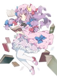 Rule 34 | 1girl, blush, book, crescent, crescent hair ornament, dress, hair ornament, hair ribbon, hat, jumping, long hair, mary janes, neneko-n, pantyhose, patchouli knowledge, purple hair, ribbon, shoes, solo, white pantyhose