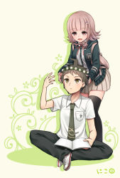 Rule 34 | 1boy, 1girl, ahoge, backpack, bag, black pants, black thighhighs, blouse, book, breast pocket, brown eyes, brown hair, collared shirt, danganronpa (series), danganronpa 2: goodbye despair, dress shirt, hair ornament, hairclip, hand on another&#039;s head, hand up, happy, head wreath, highres, hinata hajime, holding, hood, jacket, nanami chiaki, neck ribbon, necktie, nico (nico alice), open book, open clothes, open jacket, open mouth, pants, pink eyes, pink footwear, pink hair, pink ribbon, pleated skirt, pocket, ribbon, shirt, shoes, short hair, short sleeves, sitting, skirt, smile, standing, thighhighs, white shirt, zettai ryouiki