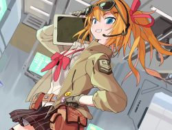 Rule 34 | 1girl, american dog wo, badge, black skirt, blue eyes, bow, button badge, dutch angle, eyewear on head, girls&#039; frontline, gloves, grin, hair between eyes, hair ornament, hair ribbon, highres, holding, ipad, jacket, kalina (girls&#039; frontline), long hair, looking at viewer, microphone, miniskirt, one side up, open clothes, open jacket, orange hair, peace symbol, pink bow, pink ribbon, pouch, ribbon, shirt, skirt, sleeves past elbows, smile, smiley face, solo, sunglasses, tablet pc, teeth, white shirt, x hair ornament