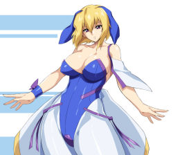 Rule 34 | 1girl, animal ears, bare shoulders, blonde hair, blue leotard, bnc (bunshi), breasts, cleavage, fake animal ears, gundam, gundam seed, gundam seed destiny, large breasts, leotard, looking at viewer, pantyhose, parted lips, playboy bunny, purple eyes, rabbit ears, shiny clothes, shiny skin, short hair, simple background, skirt, solo, standing, stellar loussier, strapless, strapless leotard, white background