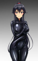 Rule 34 | 1girl, black bodysuit, black hair, blush, bodysuit, catsuit, hairband, hand on own chest, highres, ibusuki, kantai collection, latex, latex bodysuit, long hair, looking at viewer, ponytail, simple background, solo, very long hair, yahagi (kancolle)