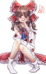 Rule 34 | 1girl, ascot, blush, bow, brown hair, crying, detached sleeves, hair bow, hair tubes, hakurei reimu, highres, japanese clothes, knees together feet apart, looking to the side, miko, nontraditional miko, red bow, ribbon-trimmed sleeves, ribbon trim, simple background, sitting, socks, solo, squiggle, suna sen, touhou, white background