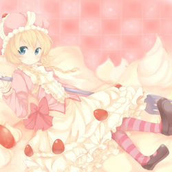 Rule 34 | 1girl, blonde hair, blue eyes, blush, braid, cake, food, food-themed clothes, fork, hat, in food, maruki (punchiki), mary janes, mini person, minigirl, original, oversized object, pantyhose, personification, pink theme, shoes, solo, strawberry shortcake, striped clothes, striped pantyhose, twin braids