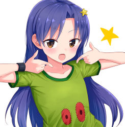 Rule 34 | 1girl, blue hair, brown eyes, commentary, green shirt, hair ornament, idolmaster, idolmaster (classic), idolmaster million live!, idolmaster million live! theater days, kemu (guruguru dan), kisaragi chihaya, long hair, looking at viewer, open mouth, parted bangs, pointing, pointing at self, shirt, simple background, smile, solo, star (symbol), star hair ornament, t-shirt, white background, wristband