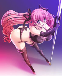 Rule 34 | 1girl, :d, alternate color, ass, bare shoulders, bent over, black bra, black gloves, black panties, black ribbon, black thighhighs, blush, bra, breasts, cleavage, elbow gloves, female focus, frilled panties, frilled thighhighs, frills, full body, glasses, gloves, gradient background, hair ribbon, high heels, lace, lace-trimmed bra, lace-trimmed gloves, lace trim, large breasts, leaning, leaning forward, legs apart, lingerie, log-mi (tonpuu), long hair, looking at viewer, low-tied long hair, open mouth, original, panties, pink footwear, pink hair, pole, pole dancing, purple eyes, ribbon, semi-rimless eyewear, shadow, shiny skin, shoes, smile, solo, standing, stripper pole, sweat, thighhighs, thong, tonpuu, twintails, under-rim eyewear, underwear, very long hair