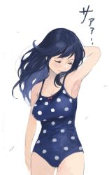 Rule 34 | 10s, 1girl, arm up, armpits, black hair, blush, breasts, cleavage, cowboy shot, closed eyes, highres, kantai collection, large breasts, one-piece swimsuit, polka dot, shinpu (oresinpu), solo, swimsuit, ushio (kancolle), white background