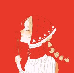 Rule 34 | 1girl, blonde hair, blush, bonnet, bow, commentary, flower, hair bow, hair ribbon, hand blush, highres, holding, holding flower, long hair, multiple hair bows, nose blush, original, puffy sleeves, red background, red flower, red rose, ribbed shirt, ribbon, rose, see-through, see-through sleeves, shim 46, shirt, simple background, smile, solo, teeth, upper body, white shirt