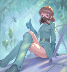 Rule 34 | 1girl, arm support, belt, boots, brown eyes, brown hair, bug, commentary request, crossed legs, dragonfly, earrings, gas mask, gloves, insect, jewelry, kaze no tani no nausicaa, knee boots, light rays, looking at viewer, mask, medium hair, mouth mask, nausicaa, outdoors, sitting, solo, studio ghibli, thighs, thumbs up, tunguu