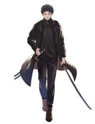 Rule 34 | 1boy, black coat, black hair, black jacket, black pants, boots, brown footwear, closed mouth, coat, commentary, granblue fantasy, granblue fantasy (style), highres, holding, holding sword, holding weapon, jacket, kagurabachi, katana, long sleeves, male focus, pants, parody, red eyes, rokuhira chihiro, simple background, solo, style parody, sword, tori art07, weapon, white background, wing collar