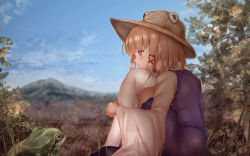 Rule 34 | 1girl, black footwear, blonde hair, blue sky, blunt bangs, blurry, cloud, commentary request, day, depth of field, expressionless, frog, from side, grass, hair ribbon, hat, head on knees, highres, hugging own legs, knees to chest, long sleeves, looking to the side, moriya suwako, mountainous horizon, orange eyes, outdoors, profile, purple skirt, purple vest, ribbon, shirt, short hair, shounen (hogehoge), sidelocks, skirt, sky, solo, straw hat, thighhighs, touhou, tree, vest, white shirt, white thighhighs, wide sleeves