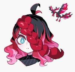 Rule 34 | 1girl, 1other, ahoge, black hair, blue eyes, braid, closed mouth, creatures (company), donuttypd, galarian form, galarian moltres, game freak, gen 1 pokemon, gen 8 pokemon, hair over one eye, legendary pokemon, looking at viewer, moltres, multicolored hair, nintendo, pale skin, pink hair, pokemon, red hair, white background