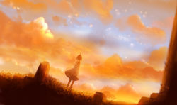 Rule 34 | 1girl, cloud, dress, from behind, original, outdoors, sakimori (hououbds), scenery, solo, standing, sunset