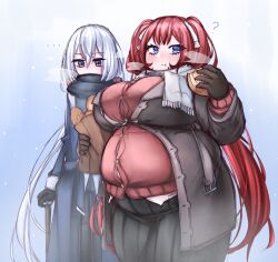 Rule 34 | ..., 2girls, :t, ?, bag, belt, big belly, blue background, blue eyes, blush, bread, breasts, buttons, coat, commentary, cowboy shot, english commentary, fat, food, gloves, hair between eyes, holding, holding food, large breasts, long hair, long sleeves, looking at viewer, multiple girls, no nose, open belt, original, orristerioso, paper bag, red hair, scarf, taut clothes, thighs, twintails, white hair