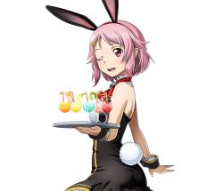 Rule 34 | 1girl, ;d, animal ears, black dress, breasts, rabbit ears, rabbit tail, choker, dress, fake animal ears, from side, hair ornament, hairband, lisbeth (sao-alo), looking at viewer, medium breasts, one eye closed, open mouth, pink hair, pointy ears, red eyes, red hairband, short dress, short hair, smile, solo, standing, sword art online, tail, transparent background, upper body, wrist cuffs