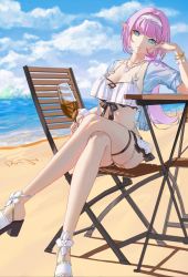 Rule 34 | 1girl, absurdres, alcohol, beach, bikini, bikini skirt, blue eyes, blue jacket, breasts, chair, cleavage, cloud, cloudy sky, crossed legs, cup, drinking glass, duju jiugong zhong, elf, elysia (honkai impact), elysia (miss pink elf), elysia (miss pink elf) (honkai impact), frilled bikini, frills, headband, highres, holding, holding cup, honkai (series), honkai impact 3rd, jacket, long hair, looking at viewer, open clothes, open jacket, outdoors, pink hair, pointy ears, ponytail, sandals, shadow, short sleeves, sitting, sky, swimsuit, table, water, wine, wine glass