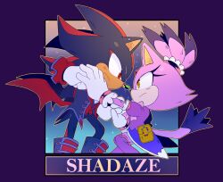 Rule 34 | 1boy, 1girl, animal ears, black fur, blaze the cat, boots, cat ears, cat girl, cat tail, dancing, forehead jewel, furry, furry female, furry male, gloves, highres, ponytail, purple fur, red eyes, red fur, shadow the hedgehog, sonic (series), stellarspin, tail, thigh boots, white gloves, yellow eyes