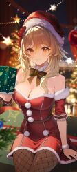Rule 34 | 1girl, alternate costume, bad id, bad twitter id, bare shoulders, belt, black pantyhose, blonde hair, blurry, blurry background, bow, breasts, brown belt, camunekoz, christmas, christmas lights, cleavage, closed mouth, commentary request, detached collar, detached sleeves, dress, feather hair ornament, feathers, fishnet pantyhose, fishnets, frilled sleeves, frills, fur-trimmed sleeves, fur collar, fur trim, genshin impact, gift, hair between eyes, hair ornament, hand up, hat, hat bow, highres, holding, holding gift, large breasts, looking at viewer, lumine (genshin impact), pantyhose, red bow, red dress, red sleeves, santa costume, santa hat, scrunchie, short hair with long locks, short sleeves, sidelocks, sitting, sleeveless, sleeveless dress, smile, solo, star (symbol), strapless, strapless dress, thighs, two-tone bowtie, wrist scrunchie, yellow eyes