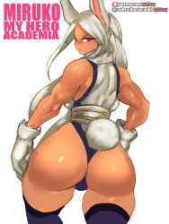 Rule 34 | 1girl, animal ears, artist name, ass, back, backboob, bare shoulders, boku no hero academia, breasts, character name, copyright name, from behind, girlsay, glaring, gloves, highres, huge ass, large breasts, leotard, long hair, looking at viewer, looking back, mirko, muscular, muscular female, rabbit ears, rabbit girl, rabbit tail, red eyes, sleeveless, solo, tail, thick thighs, thighhighs, thighs, white background, white gloves, white hair
