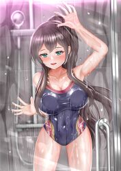 Rule 34 | 1girl, against glass, aqua eyes, arm up, assault lily, bare arms, bare shoulders, black one-piece swimsuit, blurry, blurry background, blush, breast press, breasts, breasts on glass, brown hair, cleavage, collarbone, commentary request, competition swimsuit, condensation, covered navel, cowboy shot, hand on glass, hand up, high ponytail, highres, imai tomohiro, indoors, jewelry, large breasts, leaning forward, long hair, looking at viewer, official alternate costume, one-piece swimsuit, parted lips, ponytail, ring, serizawa chikaru, shower (place), shower head, sidelocks, smile, solo, standing, swimsuit, very long hair, water drop
