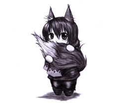 Rule 34 | 1girl, animal ears, boots, covered mouth, dazzle (shinkonryu), hair between eyes, highres, holding, holding own tail, holding with tail, knee boots, looking at viewer, monochrome, original, pants, peeking, prehensile tail, simple background, sketch, solo, standing, tail, white background, wolf ears, wolf girl, wolf tail