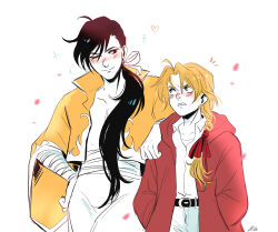 Rule 34 | 2boys, andythelemon, annoyed, belt, black hair, blonde hair, blush, braid, brown eyes, edward elric, embarrassed, eyebrows, eyelashes, falling petals, flame print, fullmetal alchemist, furrowed brow, height difference, highres, jacket, leaning on person, ling yao, long hair, long sleeves, looking at another, male focus, multiple boys, one eye closed, petals, ponytail, red jacket, white background, yaoi, yellow jacket