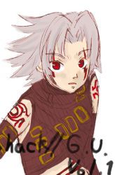 Rule 34 | .hack//, 1boy, arm tattoo, bandai, bare shoulders, brown gloves, buckle, copyright name, cyber connect 2, elbow gloves, expressionless, facepaint, gloves, hack, haseo, haseo (.hack//), looking at viewer, lowres, male focus, open mouth, parted bangs, silver hair, simple background, sketch, sleeveless, solo, tattoo, upper body, white background, yuura shiu