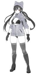 Rule 34 | 1girl, bikini, black bikini, black footwear, black gloves, boots, breasts, cleavage, gloves, grey jacket, grey thighhighs, gun, hat, high heel boots, high heels, jacket, knee boots, kuso otoko, long hair, looking at viewer, low twintails, medium breasts, open clothes, original, pale skin, partially unzipped, red eyes, simple background, solo, swimsuit, thighhighs, twintails, weapon, white background