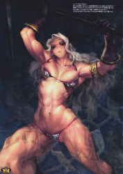 Rule 34 | 1girl, abs, amazon (dragon&#039;s crown), armlet, armor, arms up, axe, bikini armor, blonde hair, breasts, circlet, collarbone, dragon&#039;s crown, gloves, green eyes, highres, holding, holding axe, long hair, looking at viewer, medium breasts, nadeara bukichi, navel, page number, solo, tattoo, tight clothes, toned, weapon